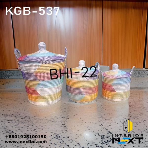 Colorful Handwoven Kaisa Grass Basket Set – 3-Piece Round Cylinder Storage Baskets with Lids