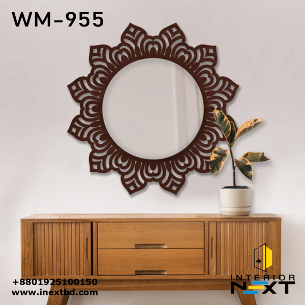 Floral Design Modern Decorative Round Wooden Wall Mirror