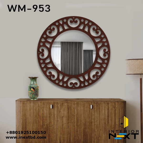 Heart Design Round Wooden Wall Mirror