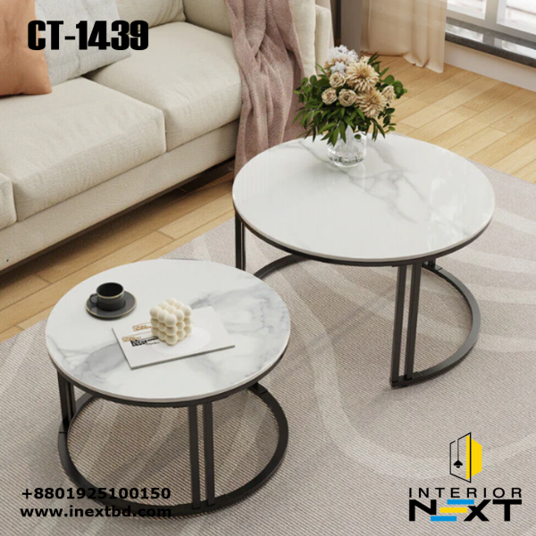Classic White with Black Metallic Finish Round Coffee Table Set of 2