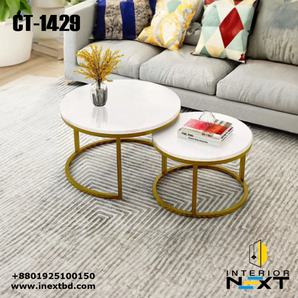 Classic White with Golden Metallic Finish Round Coffee Table Set of 2