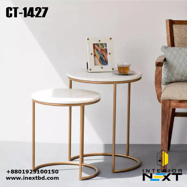 White Marble Top with Iron Stand Coffee Table Set of 2
