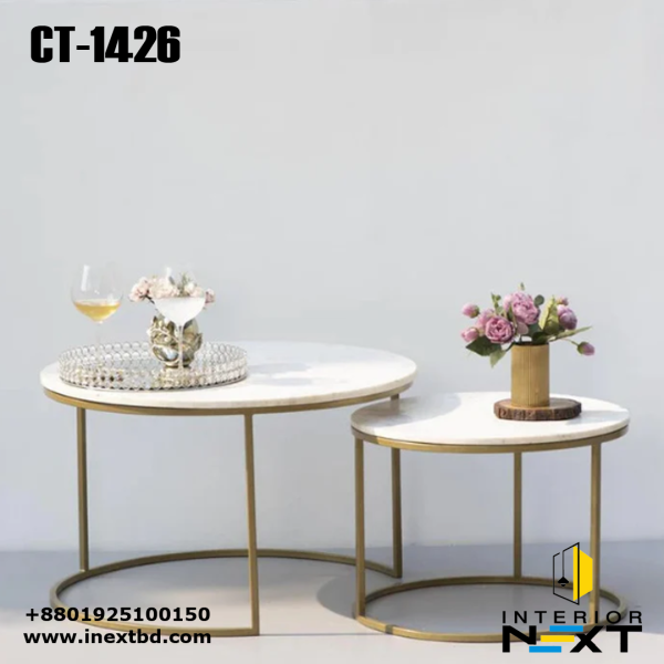 White Marble Round Coffee Tables with Iron Stand Set of 2