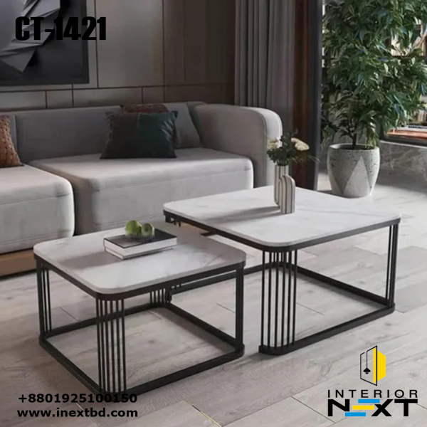 Modern Square Marble Tethered Metallic Coffee Table Set of 2