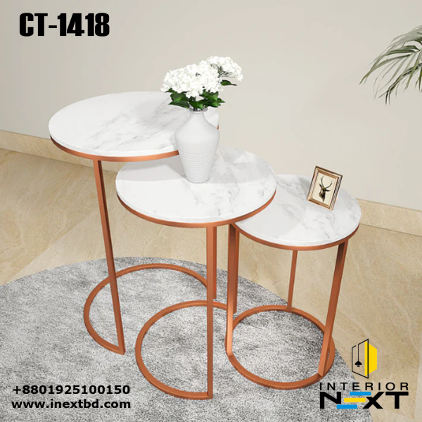 Round Marble Top Nesting Tables with Rose Gold, Golden, and Black Metallic Frames – Set of 3