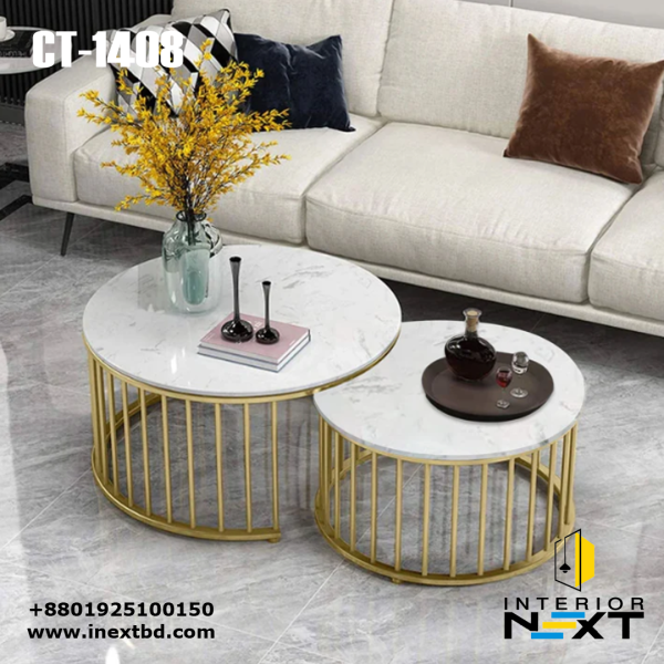 Premium Golden Caged White Marble Coffee Table Set of 2