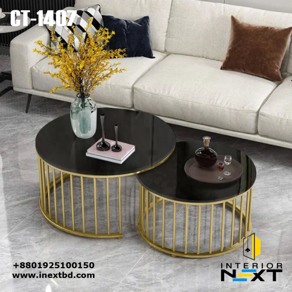 Premium Golden Caged Black Marble Coffee Table Set of 2