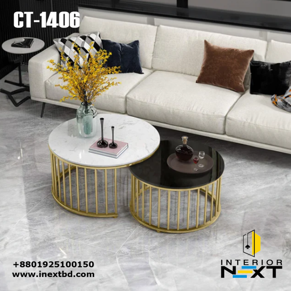 Premium Golden Caged White & Black Marble Coffee Table Set of 2