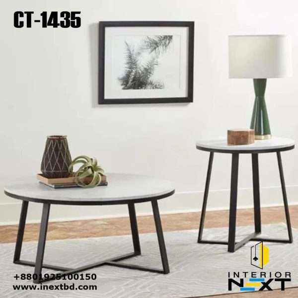 White Marble Round Coffee Table Set of 2 with Faux Marble