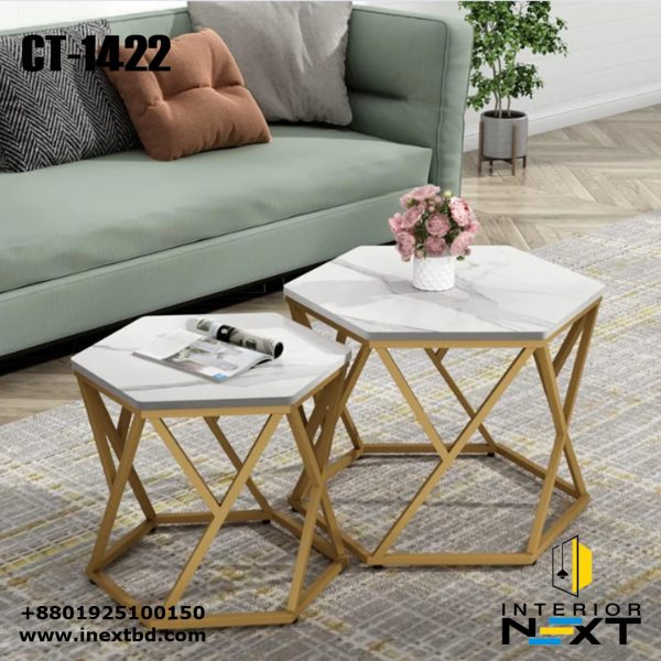 Modern Hexagonal Shape Designer Coffee Table Set of 2 with Metallic Finish