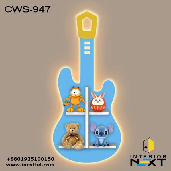 Customizable Guitar Shaped Wooden LED Wall Shelf for Kids