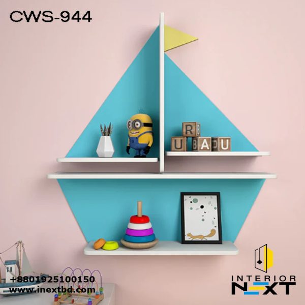 Designer Boat Shaped Blue Wooden Wall Shelf for Kids