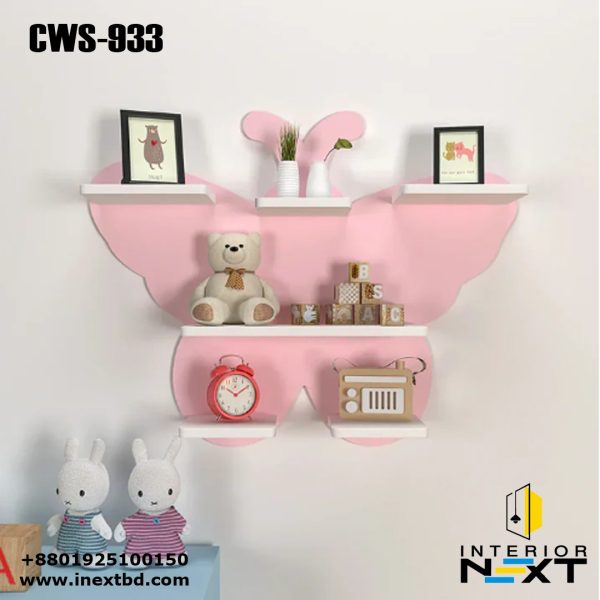 Pink Butterfly Wooden Wall Shelf for Kids