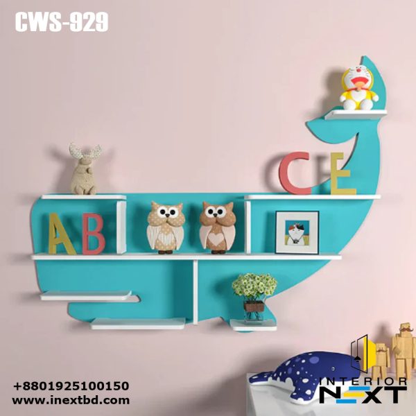 Customizable Blue Shark Shaped Wooden Wall Shelf