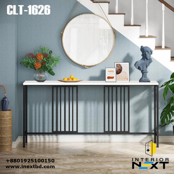 Sleek Narrow Long Faux White Marble & Black Metal Console Table