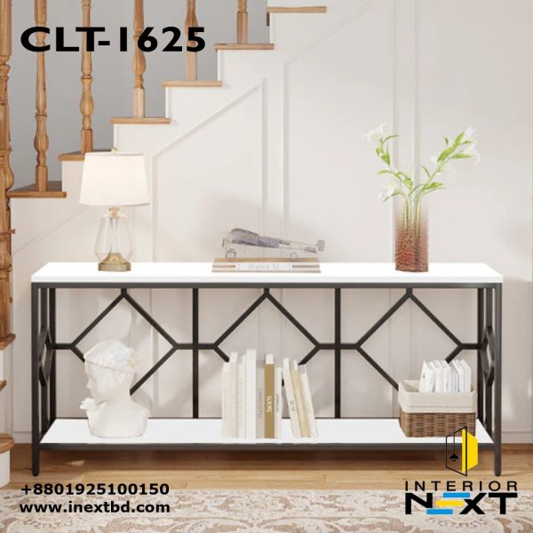Extra Long White & Black Marble Two-Tier Console Table